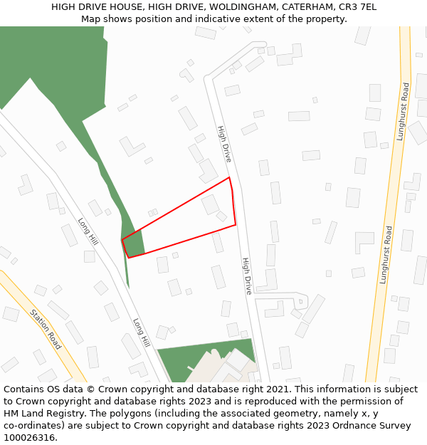 HIGH DRIVE HOUSE, HIGH DRIVE, WOLDINGHAM, CATERHAM, CR3 7EL: Location map and indicative extent of plot