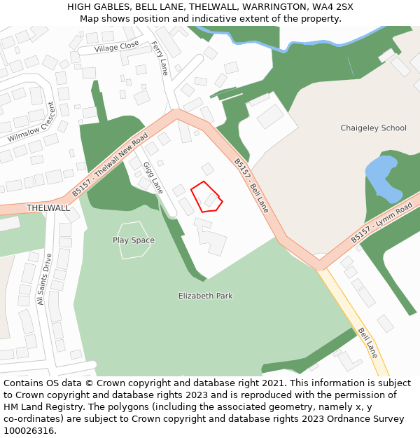 HIGH GABLES, BELL LANE, THELWALL, WARRINGTON, WA4 2SX: Location map and indicative extent of plot