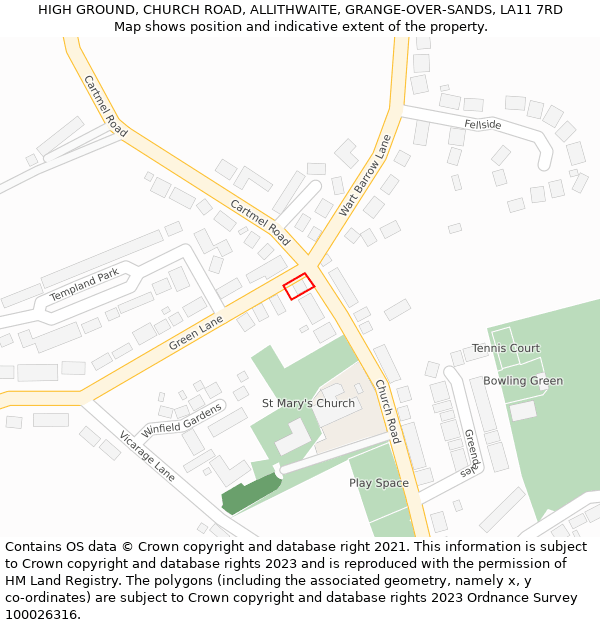 HIGH GROUND, CHURCH ROAD, ALLITHWAITE, GRANGE-OVER-SANDS, LA11 7RD: Location map and indicative extent of plot