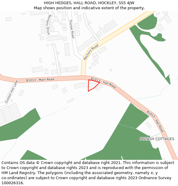 HIGH HEDGES, HALL ROAD, HOCKLEY, SS5 4JW: Location map and indicative extent of plot