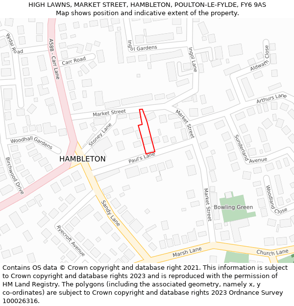 HIGH LAWNS, MARKET STREET, HAMBLETON, POULTON-LE-FYLDE, FY6 9AS: Location map and indicative extent of plot