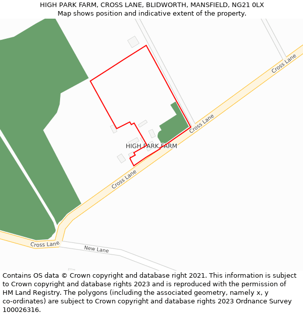 HIGH PARK FARM, CROSS LANE, BLIDWORTH, MANSFIELD, NG21 0LX: Location map and indicative extent of plot