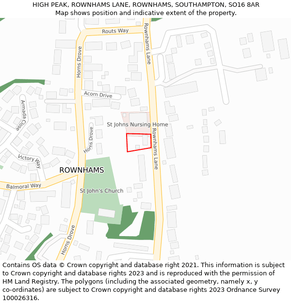 HIGH PEAK, ROWNHAMS LANE, ROWNHAMS, SOUTHAMPTON, SO16 8AR: Location map and indicative extent of plot