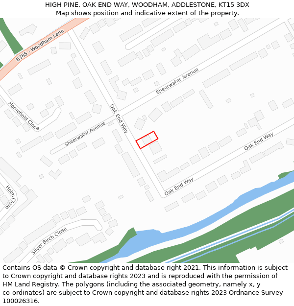 HIGH PINE, OAK END WAY, WOODHAM, ADDLESTONE, KT15 3DX: Location map and indicative extent of plot