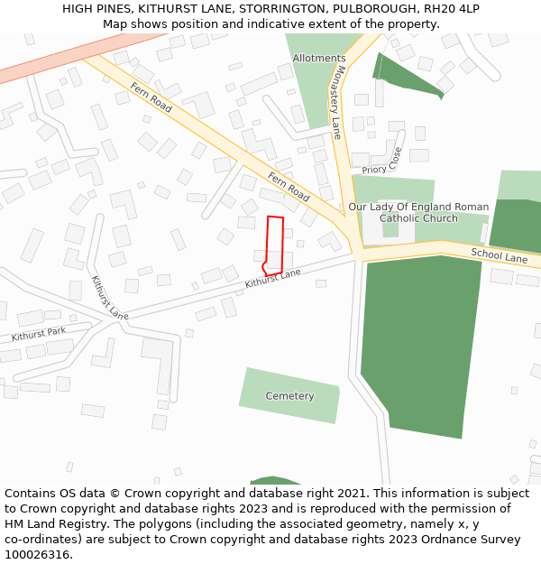 HIGH PINES, KITHURST LANE, STORRINGTON, PULBOROUGH, RH20 4LP: Location map and indicative extent of plot