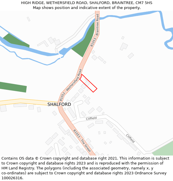 HIGH RIDGE, WETHERSFIELD ROAD, SHALFORD, BRAINTREE, CM7 5HS: Location map and indicative extent of plot