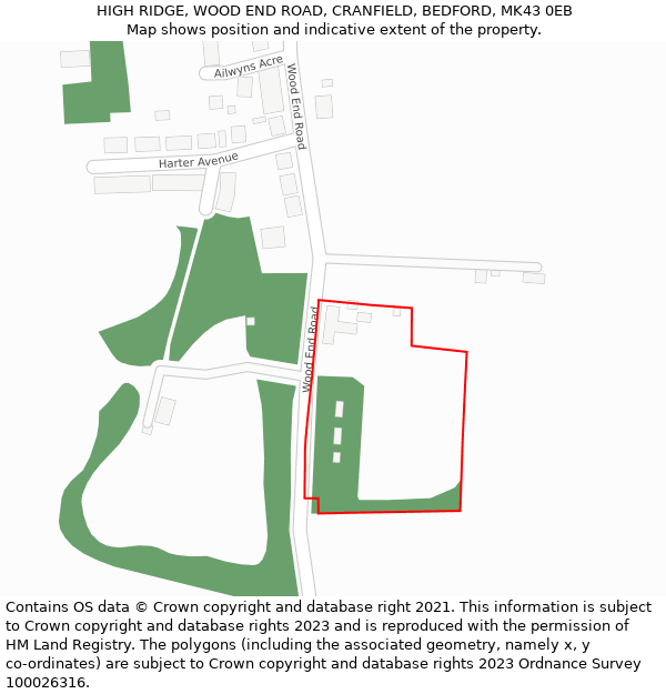 HIGH RIDGE, WOOD END ROAD, CRANFIELD, BEDFORD, MK43 0EB: Location map and indicative extent of plot