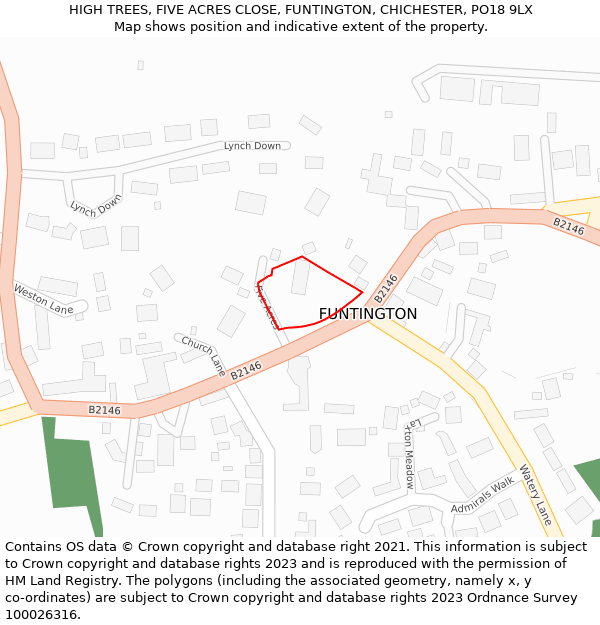 HIGH TREES, FIVE ACRES CLOSE, FUNTINGTON, CHICHESTER, PO18 9LX: Location map and indicative extent of plot
