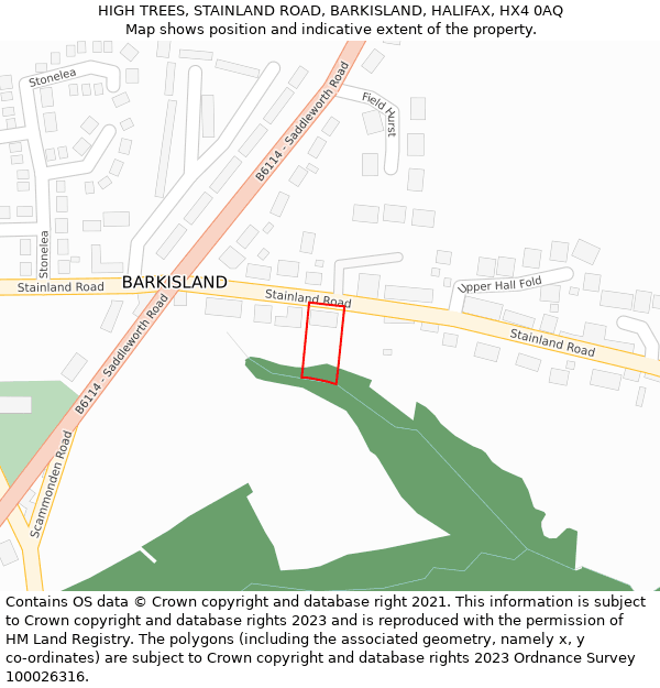 HIGH TREES, STAINLAND ROAD, BARKISLAND, HALIFAX, HX4 0AQ: Location map and indicative extent of plot