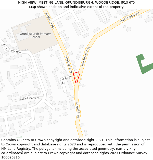 HIGH VIEW, MEETING LANE, GRUNDISBURGH, WOODBRIDGE, IP13 6TX: Location map and indicative extent of plot