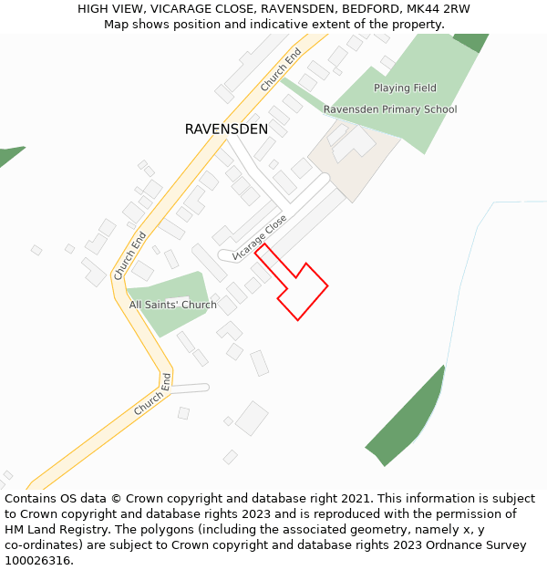 HIGH VIEW, VICARAGE CLOSE, RAVENSDEN, BEDFORD, MK44 2RW: Location map and indicative extent of plot