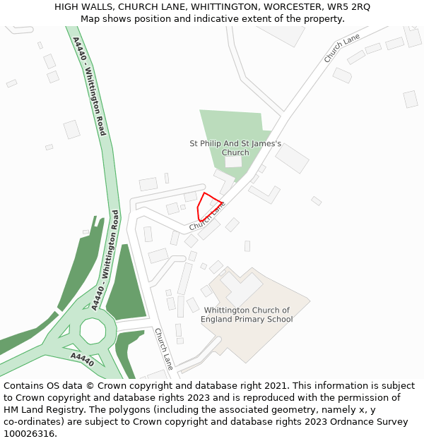 HIGH WALLS, CHURCH LANE, WHITTINGTON, WORCESTER, WR5 2RQ: Location map and indicative extent of plot