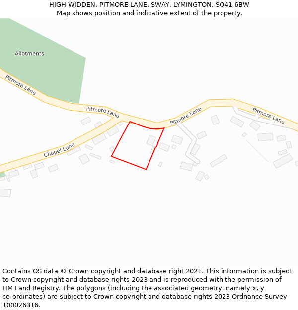 HIGH WIDDEN, PITMORE LANE, SWAY, LYMINGTON, SO41 6BW: Location map and indicative extent of plot