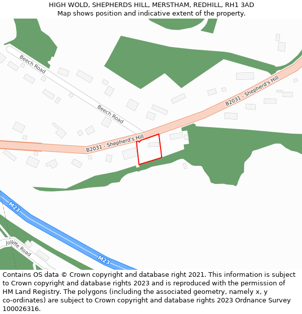 HIGH WOLD, SHEPHERDS HILL, MERSTHAM, REDHILL, RH1 3AD: Location map and indicative extent of plot
