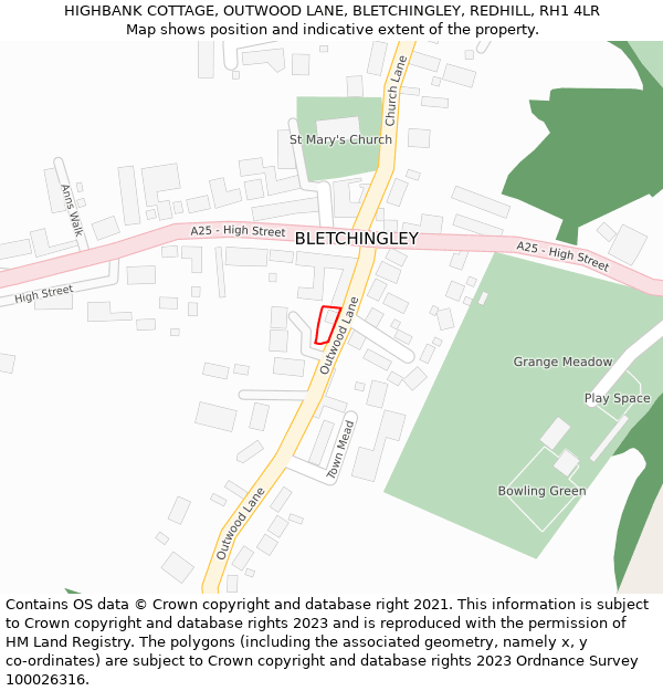 HIGHBANK COTTAGE, OUTWOOD LANE, BLETCHINGLEY, REDHILL, RH1 4LR: Location map and indicative extent of plot