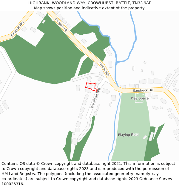 HIGHBANK, WOODLAND WAY, CROWHURST, BATTLE, TN33 9AP: Location map and indicative extent of plot