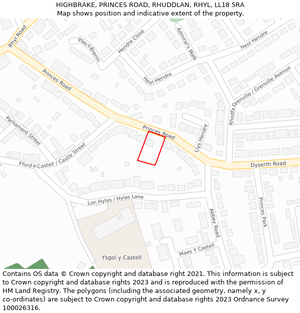 HIGHBRAKE, PRINCES ROAD, RHUDDLAN, RHYL, LL18 5RA: Location map and indicative extent of plot