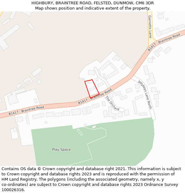 HIGHBURY, BRAINTREE ROAD, FELSTED, DUNMOW, CM6 3DR: Location map and indicative extent of plot