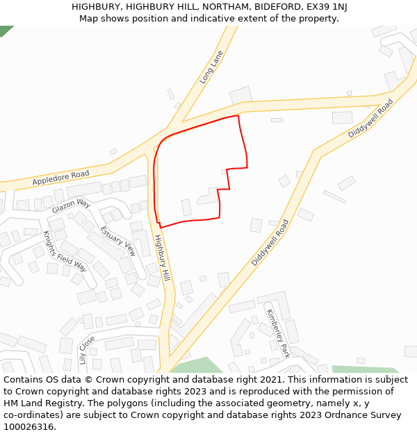 HIGHBURY, HIGHBURY HILL, NORTHAM, BIDEFORD, EX39 1NJ: Location map and indicative extent of plot