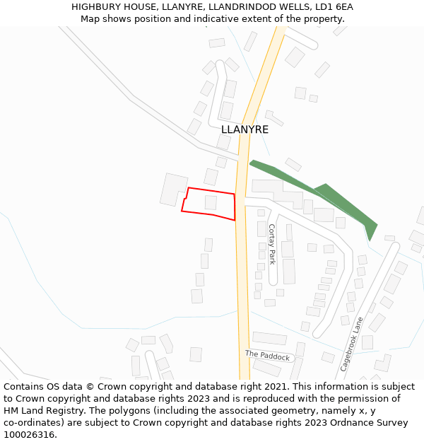 HIGHBURY HOUSE, LLANYRE, LLANDRINDOD WELLS, LD1 6EA: Location map and indicative extent of plot