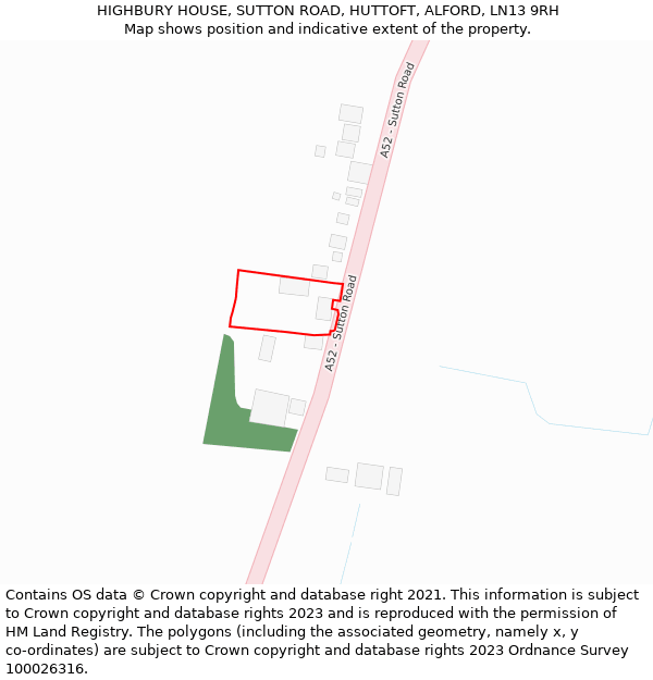 HIGHBURY HOUSE, SUTTON ROAD, HUTTOFT, ALFORD, LN13 9RH: Location map and indicative extent of plot