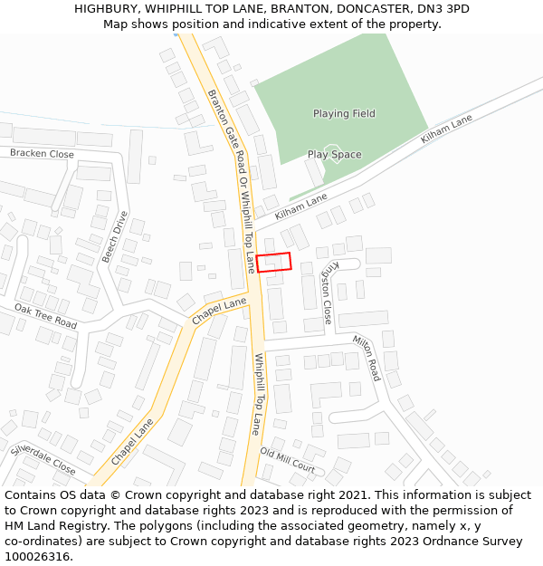 HIGHBURY, WHIPHILL TOP LANE, BRANTON, DONCASTER, DN3 3PD: Location map and indicative extent of plot