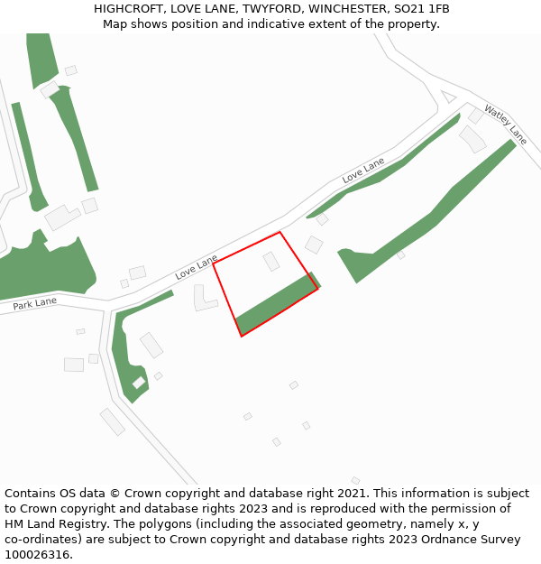 HIGHCROFT, LOVE LANE, TWYFORD, WINCHESTER, SO21 1FB: Location map and indicative extent of plot