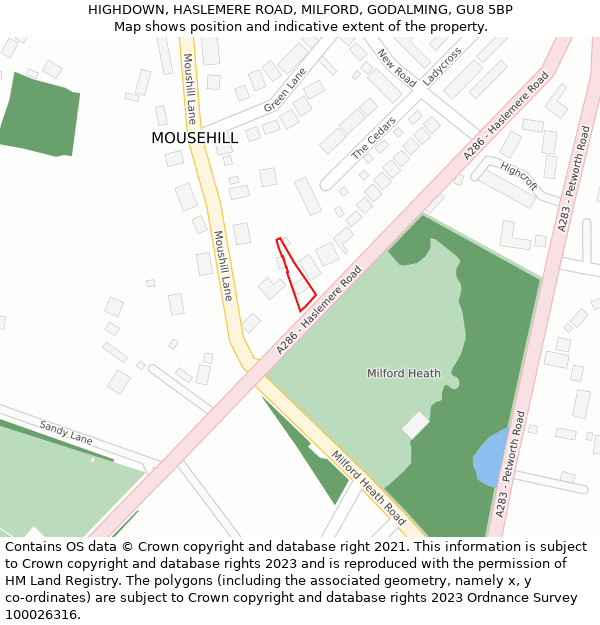 HIGHDOWN, HASLEMERE ROAD, MILFORD, GODALMING, GU8 5BP: Location map and indicative extent of plot