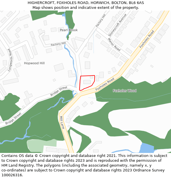 HIGHERCROFT, FOXHOLES ROAD, HORWICH, BOLTON, BL6 6AS: Location map and indicative extent of plot