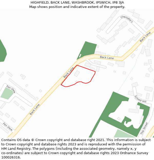 HIGHFIELD, BACK LANE, WASHBROOK, IPSWICH, IP8 3JA: Location map and indicative extent of plot