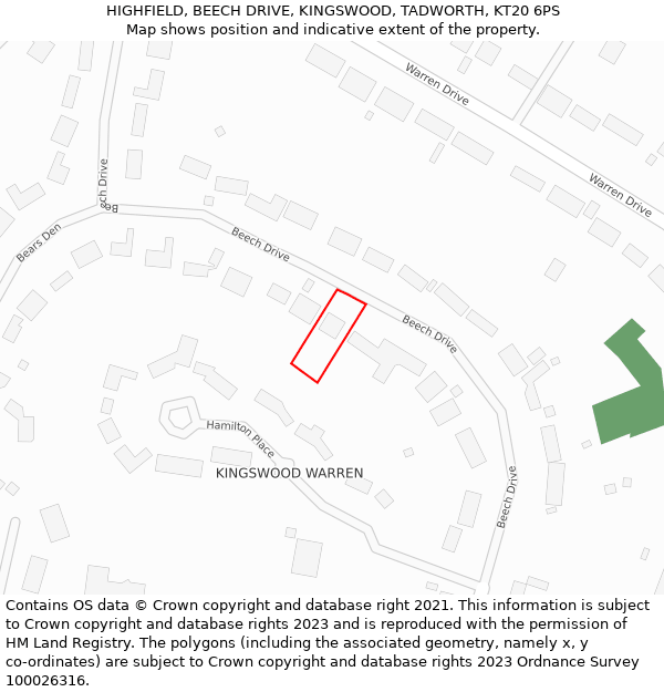 HIGHFIELD, BEECH DRIVE, KINGSWOOD, TADWORTH, KT20 6PS: Location map and indicative extent of plot