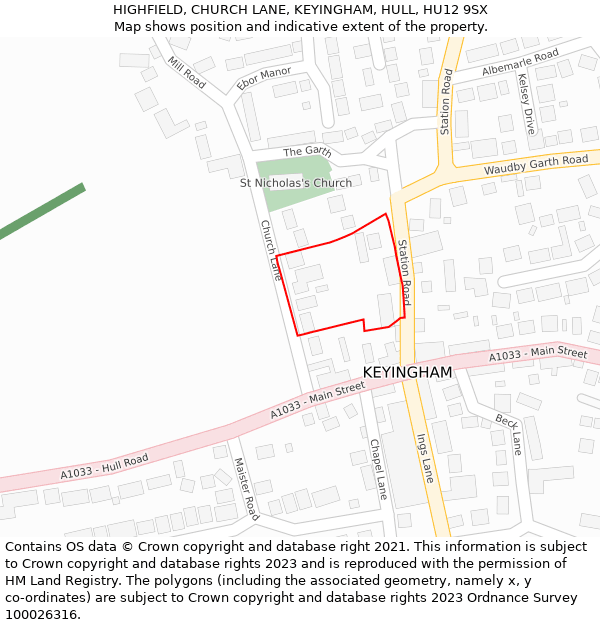 HIGHFIELD, CHURCH LANE, KEYINGHAM, HULL, HU12 9SX: Location map and indicative extent of plot