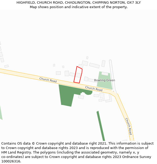 HIGHFIELD, CHURCH ROAD, CHADLINGTON, CHIPPING NORTON, OX7 3LY: Location map and indicative extent of plot
