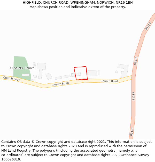 HIGHFIELD, CHURCH ROAD, WRENINGHAM, NORWICH, NR16 1BH: Location map and indicative extent of plot