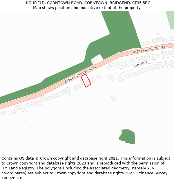 HIGHFIELD, CORNTOWN ROAD, CORNTOWN, BRIDGEND, CF35 5BG: Location map and indicative extent of plot