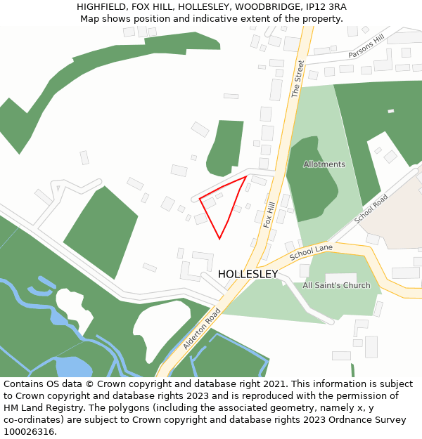 HIGHFIELD, FOX HILL, HOLLESLEY, WOODBRIDGE, IP12 3RA: Location map and indicative extent of plot