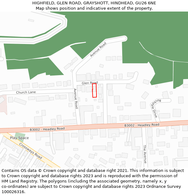 HIGHFIELD, GLEN ROAD, GRAYSHOTT, HINDHEAD, GU26 6NE: Location map and indicative extent of plot