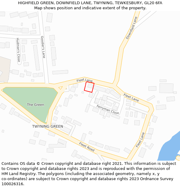 HIGHFIELD GREEN, DOWNFIELD LANE, TWYNING, TEWKESBURY, GL20 6FA: Location map and indicative extent of plot