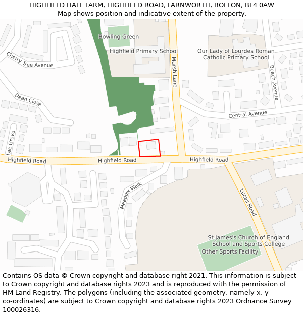 HIGHFIELD HALL FARM, HIGHFIELD ROAD, FARNWORTH, BOLTON, BL4 0AW: Location map and indicative extent of plot