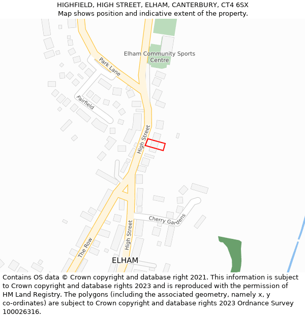 HIGHFIELD, HIGH STREET, ELHAM, CANTERBURY, CT4 6SX: Location map and indicative extent of plot