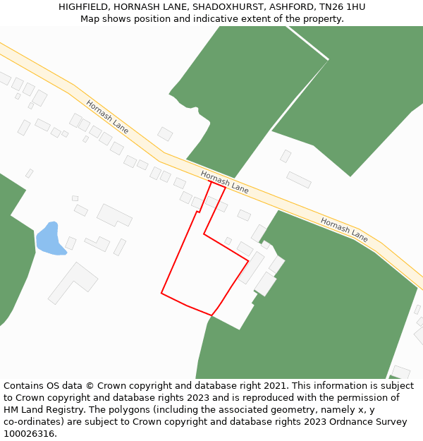 HIGHFIELD, HORNASH LANE, SHADOXHURST, ASHFORD, TN26 1HU: Location map and indicative extent of plot