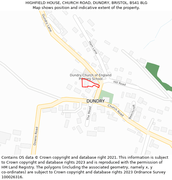 HIGHFIELD HOUSE, CHURCH ROAD, DUNDRY, BRISTOL, BS41 8LG: Location map and indicative extent of plot