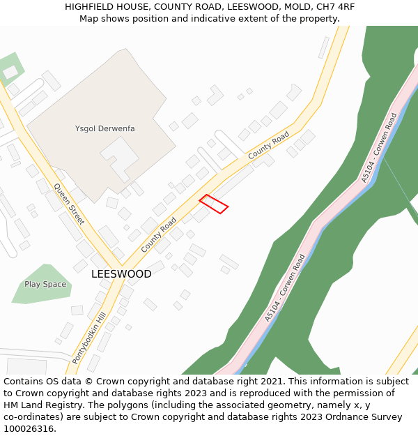 HIGHFIELD HOUSE, COUNTY ROAD, LEESWOOD, MOLD, CH7 4RF: Location map and indicative extent of plot