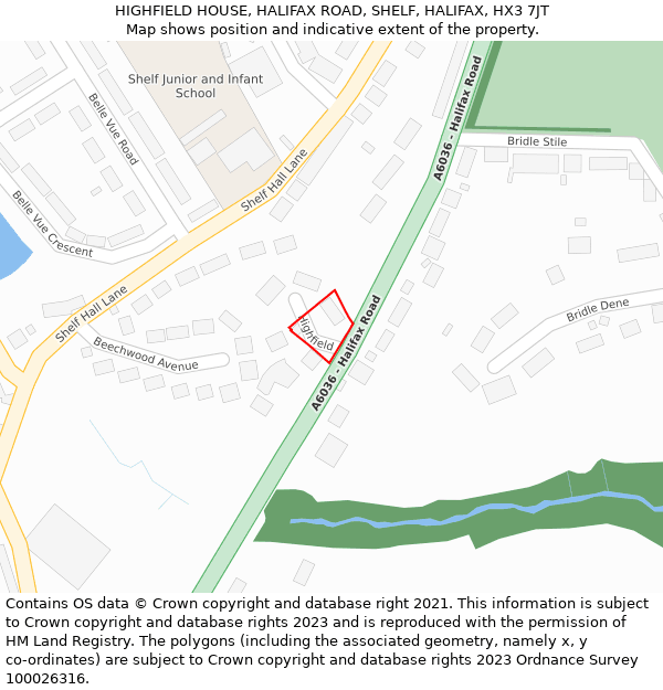 HIGHFIELD HOUSE, HALIFAX ROAD, SHELF, HALIFAX, HX3 7JT: Location map and indicative extent of plot