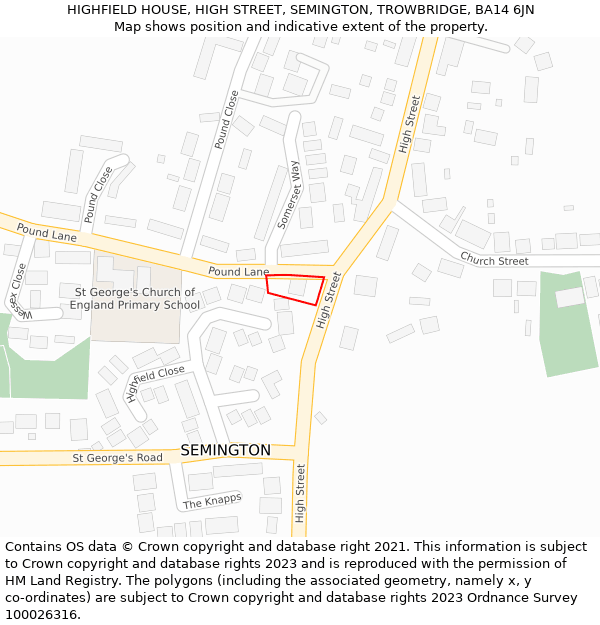 HIGHFIELD HOUSE, HIGH STREET, SEMINGTON, TROWBRIDGE, BA14 6JN: Location map and indicative extent of plot