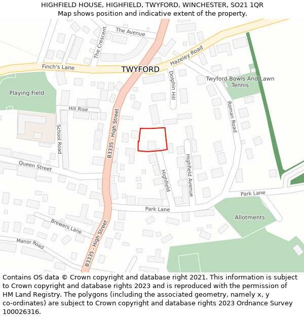 HIGHFIELD HOUSE, HIGHFIELD, TWYFORD, WINCHESTER, SO21 1QR: Location map and indicative extent of plot