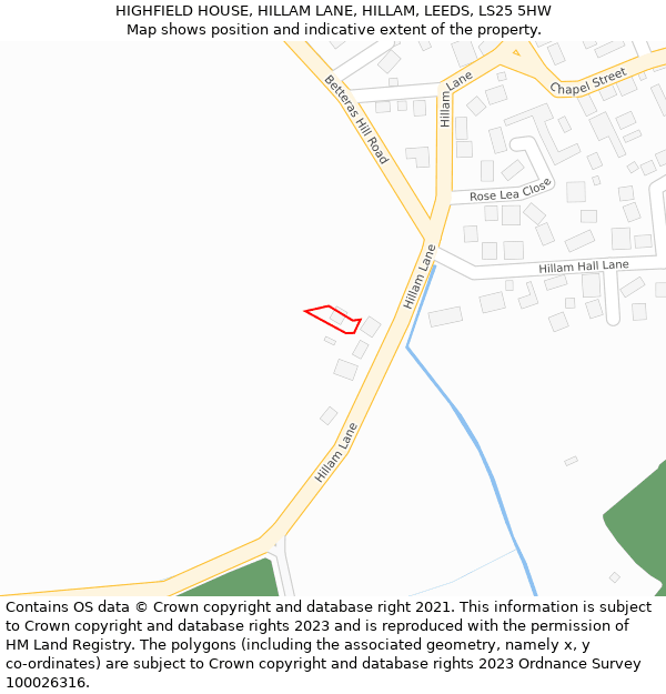 HIGHFIELD HOUSE, HILLAM LANE, HILLAM, LEEDS, LS25 5HW: Location map and indicative extent of plot