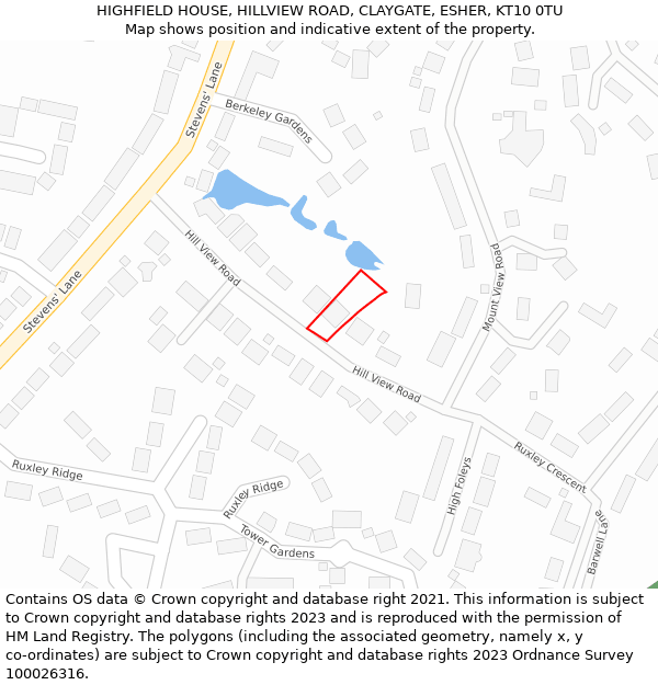 HIGHFIELD HOUSE, HILLVIEW ROAD, CLAYGATE, ESHER, KT10 0TU: Location map and indicative extent of plot