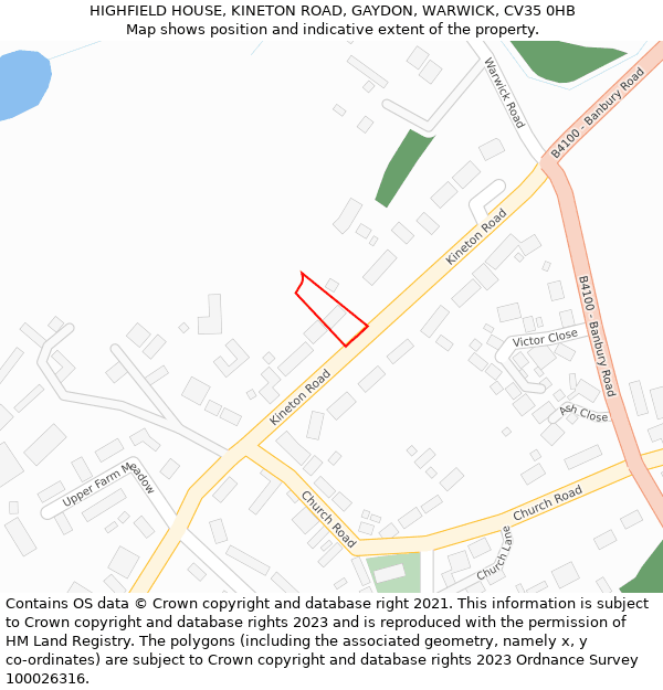 HIGHFIELD HOUSE, KINETON ROAD, GAYDON, WARWICK, CV35 0HB: Location map and indicative extent of plot