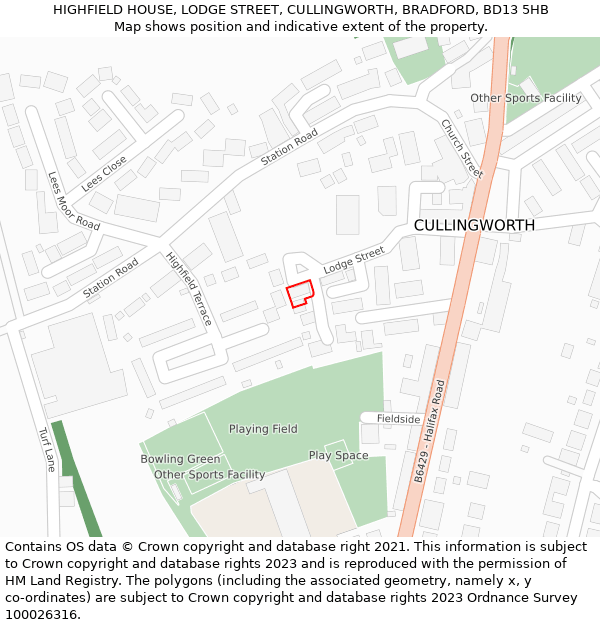 HIGHFIELD HOUSE, LODGE STREET, CULLINGWORTH, BRADFORD, BD13 5HB: Location map and indicative extent of plot